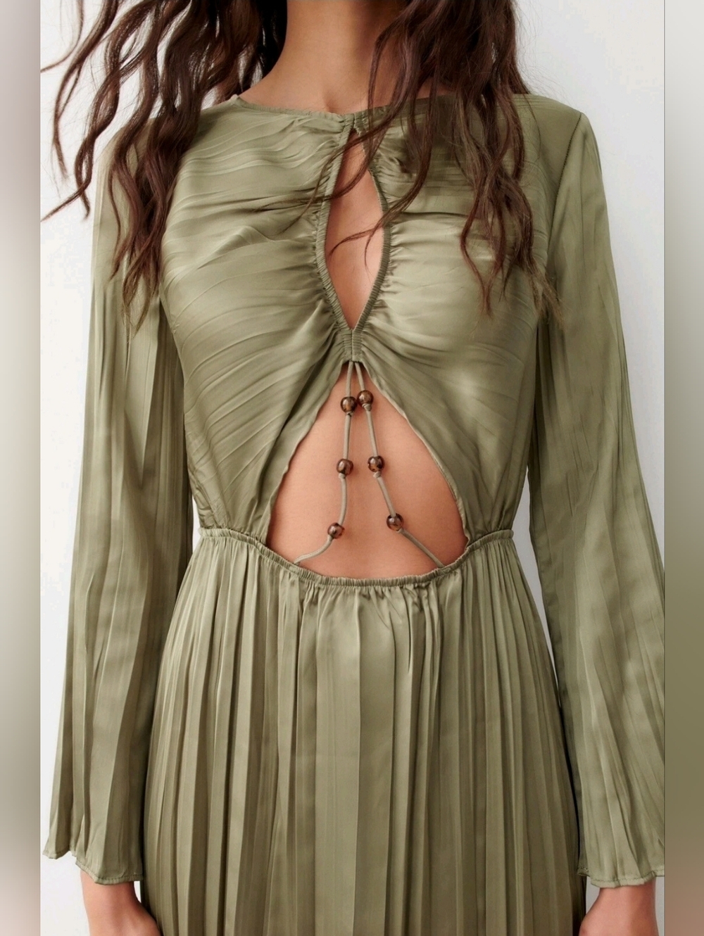 Zara Olive Long Sleeve Ruched Waist Midi Dress